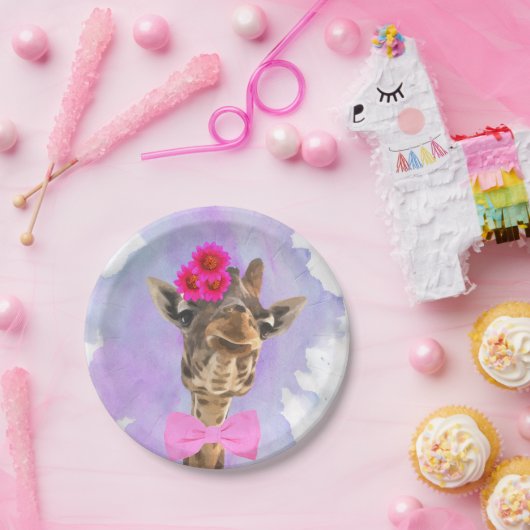 キリンのかわいくおもしろいな野生のジャングル動物の水彩画 ペーパープレート (パーティー)