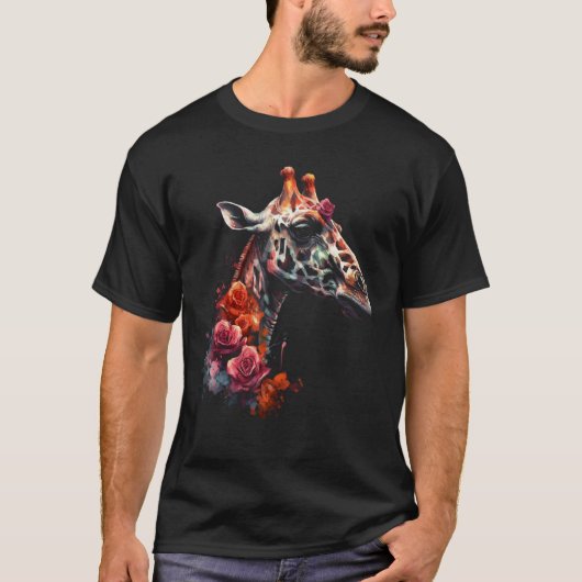 キリンのアートワーク花動物 Tシャツ (正面)