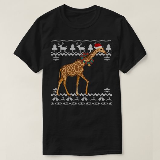 キリンのクリスマスツリーライトサンタハット動物Xma Tシャツ (デザイン正面)