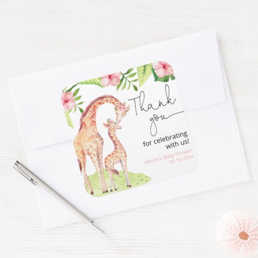 キリンのサファリのトロピカルガール離れの赤ちゃんシャワー スクエアシール (封筒)