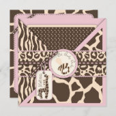 キリンのサファリのピンクのベビーシャワー 招待状 (正面/裏面)