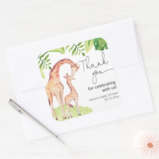 キリンのサファリの熱帯の緑の葉の赤ちゃんシャワー スクエアシール (封筒)