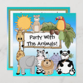 キリンのシマウマのライオンの動物園動物の誕生日の招待状 招待状 (正面/裏面)