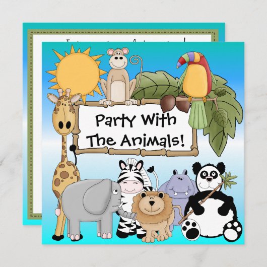 キリンのシマウマのライオンの動物園動物の誕生日の招待状 招待状 (正面/裏面)