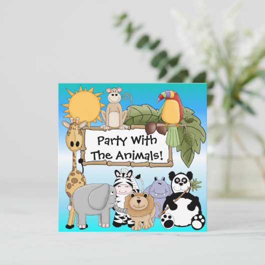 キリンのシマウマのライオンの動物園動物の誕生日の招待状 招待状 (スタンド正面)