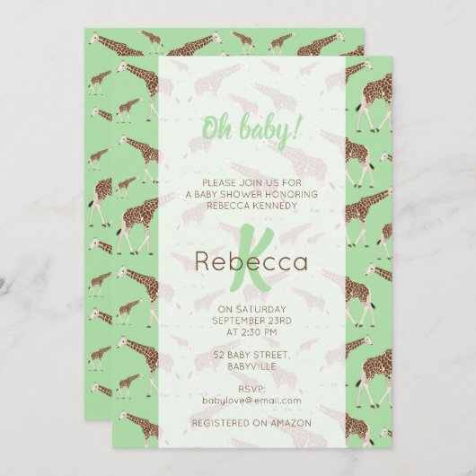 キリンのジャングルサファリ動物の赤ちゃんシャワー 招待状 (正面/裏面)