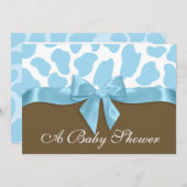 キリンのスポットとブルーボウ赤ちゃんシャワー 招待状 (正面/裏面)