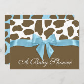 キリンのスポットとブルーボウ赤ちゃんシャワー 招待状 (正面/裏面)