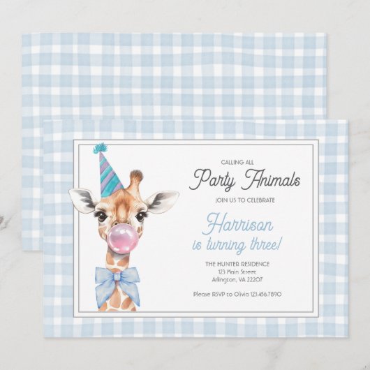 キリンのパーティー 動物の誕生日招待状 – 青 招待状 (正面/裏面)