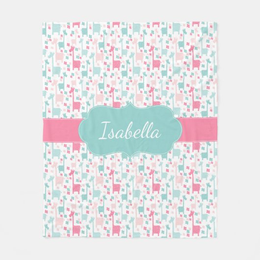 キリンのピンクの真新しい水のティール（緑がかった色）のフリースブランケット フリースブランケット (正面)