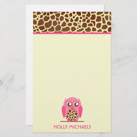 キリンのプリント及びピンクのフクロウの文房具 便箋 (正面/裏面)