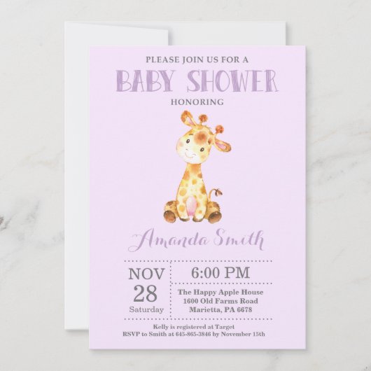 キリンのベビーシャワーの招待状の紫色および灰色 招待状 (正面)