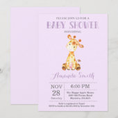 キリンのベビーシャワーの招待状の紫色および灰色 招待状 (正面/裏面)