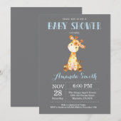 キリンのベビーシャワーの招待状の青および灰色 招待状 (正面/裏面)