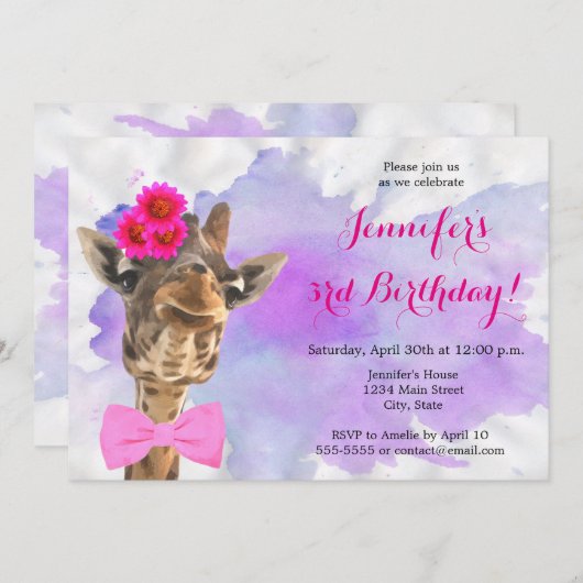 キリンの動物のジャングルの水彩画のハッピーバースデー 招待状 (正面/裏面)