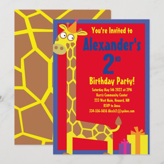 キリンの動物の子供の誕生日パーティーの招待状 招待状 (正面/裏面)