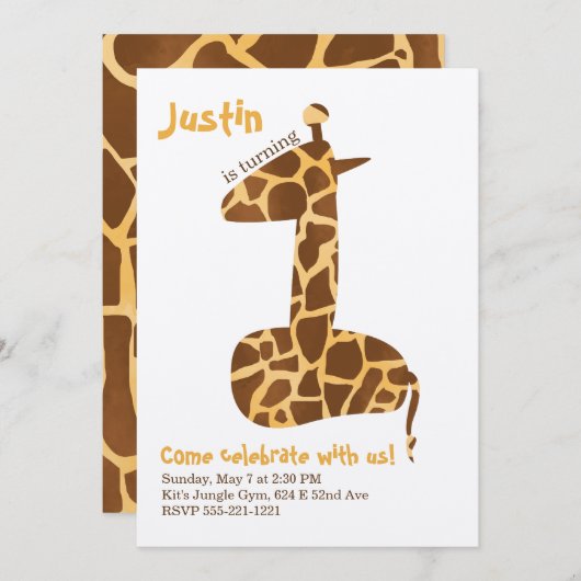 キリンの最初誕生日のパーティの招待状 招待状 (正面/裏面)