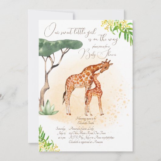 キリンの母とベビーアフリカのサファリの赤ちゃんシャワー 招待状 (正面)