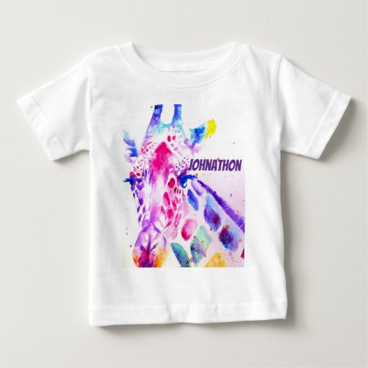 キリンの水彩画アート 紫 かわいい 動物園 ベビーTシャツ (正面)