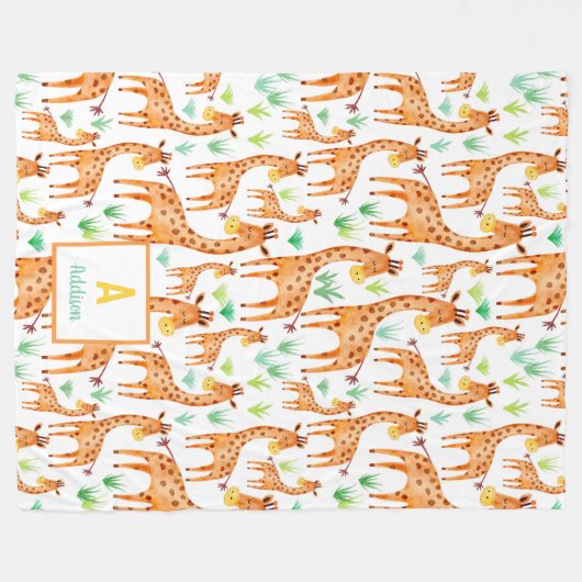 キリンの美しい水色パーソナライズされた動物 フリースブランケット (正面(横))