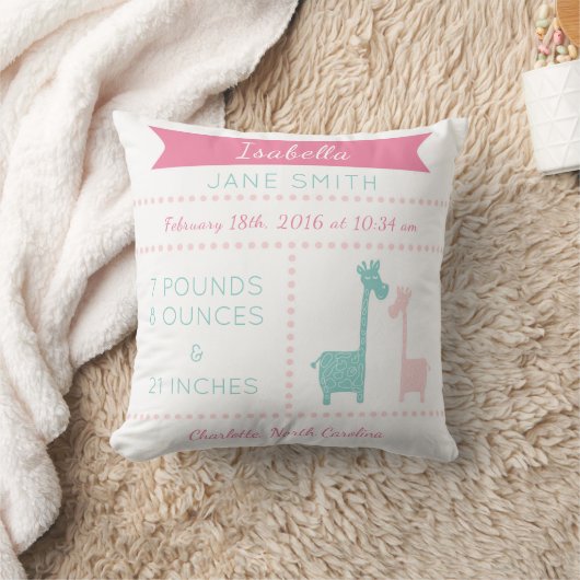 キリンの誕生Statsのピンクの真新しい水のティール（緑がかった色）の枕 クッション (ブランケット)