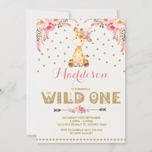 キリンの野生の1つの招待状のピンクの金ゴールドの花のパーティー 招待状 (正面)