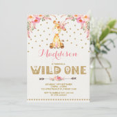 キリンの野生の1つの招待状のピンクの金ゴールドの花のパーティー 招待状 (スタンド正面)