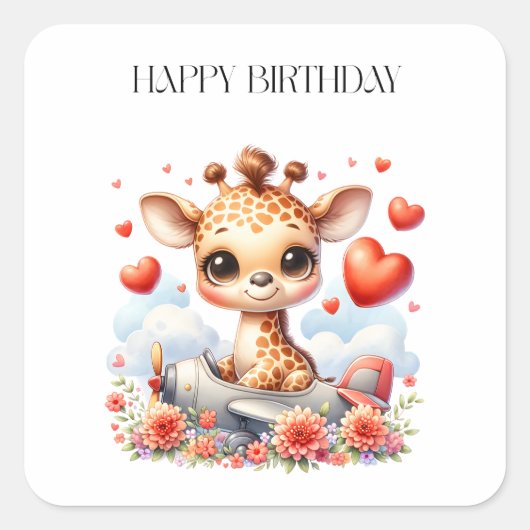 キリンの飛行機の誕生日 スクエアシール (正面)