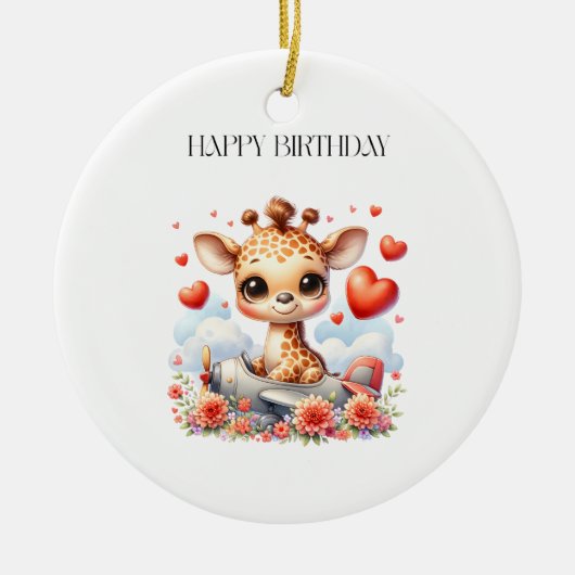 キリンの飛行機の誕生日 セラミックオーナメント (正面)