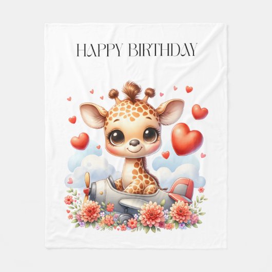 キリンの飛行機の誕生日 フリースブランケット (正面)