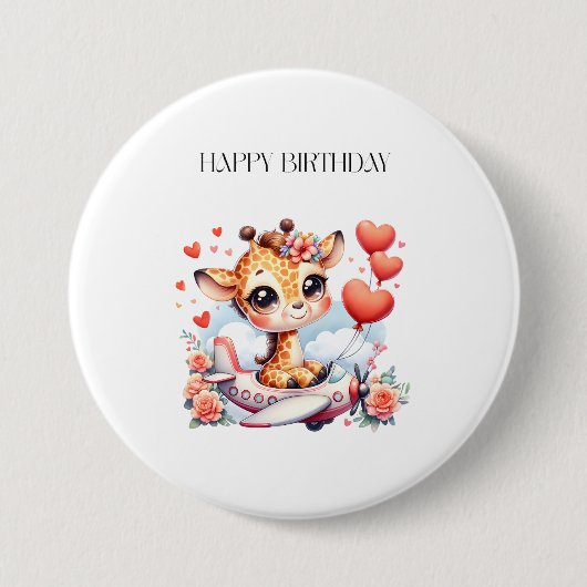 キリンの飛行機の誕生日 缶バッジ (正面)