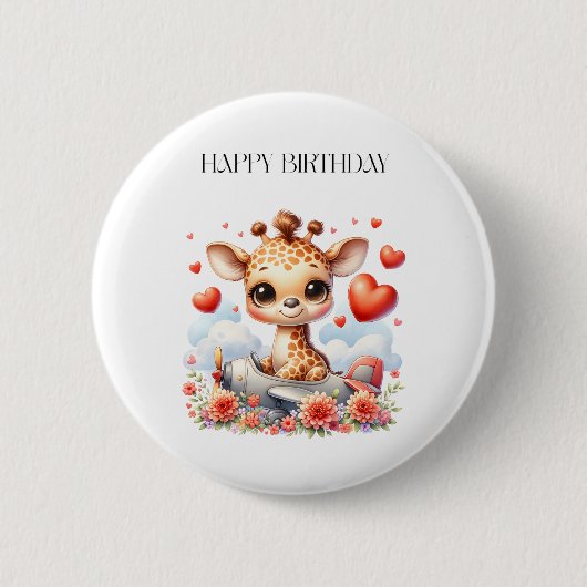 キリンの飛行機の誕生日 缶バッジ (正面)