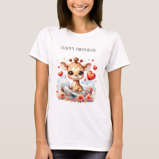 キリンの飛行機の誕生日 Tシャツ (正面)