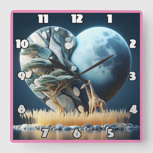 キリンはアフリカの月に照らされたサバンナを見つめている スクエア壁時計 (正面)