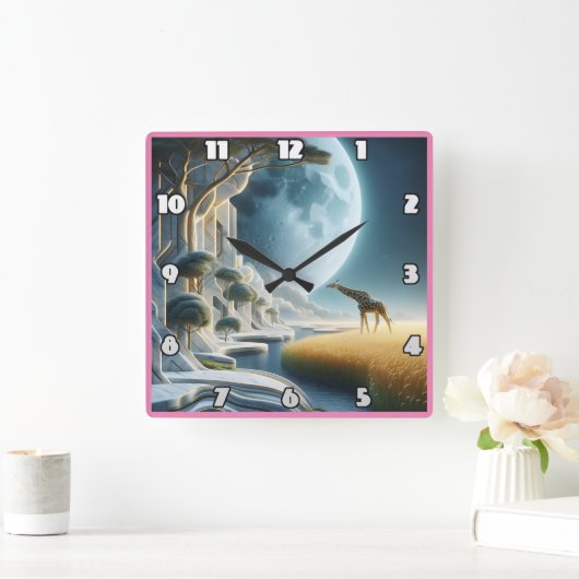 キリンはアフリカの月の下で楽しむ スクエア壁時計 (ホーム)