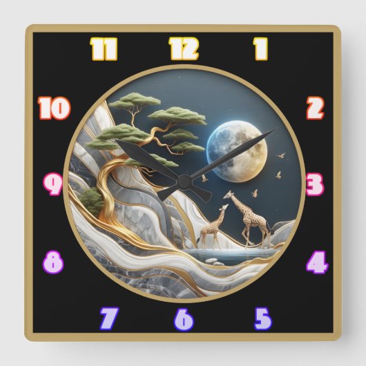 キリンはアフリカの月光の下を散歩する スクエア壁時計 (正面)