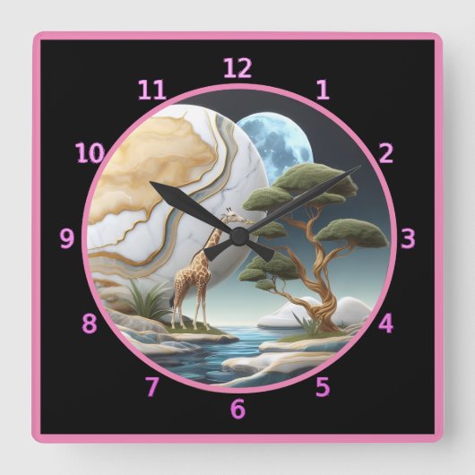 キリンは月に照らされたアフリカの海を眺めている スクエア壁時計 (正面)