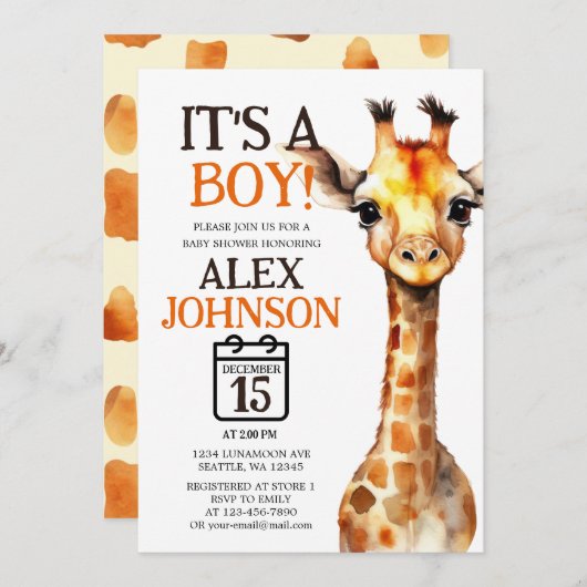 キリンをテーマにしたサファリベイビーシャワー 招待状 (正面/裏面)