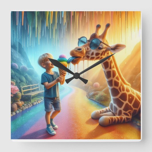 キリンを持つ少年 スクエア壁時計 (正面)