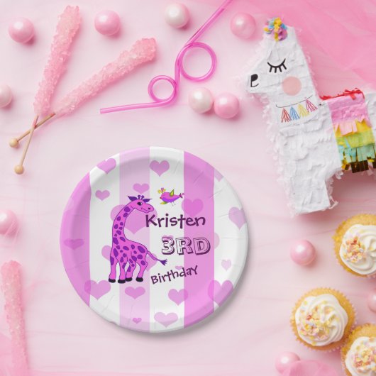 キリンイラストレーション(ピンク) ペーパープレート (パーティー)