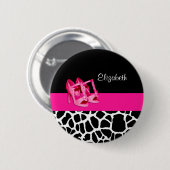 キリンガーリープリントかわいいピンクパンプスシューズと名前 缶バッジ (正面&裏面)