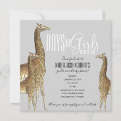 キリンサファリ 性別発表 双子ベイビーシャワー 招待状 (正面)