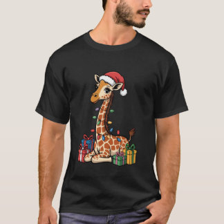 キリンサンタ帽子のクリスマスデザイン面白い野生動物 Tシャツ