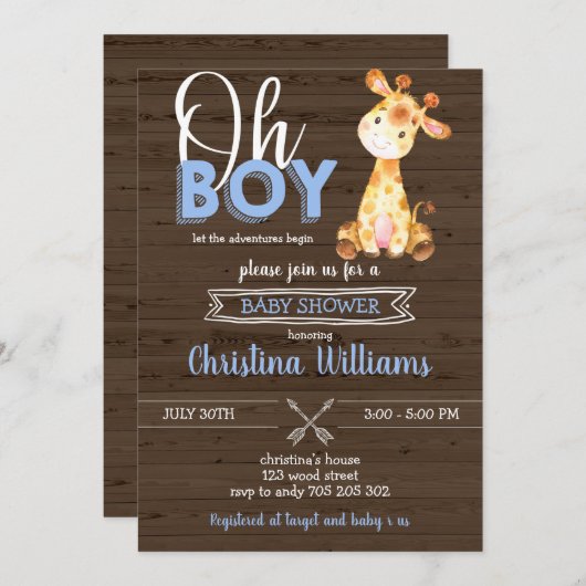 キリンジャングル素朴男の赤ちゃんウッドベビーシャワー 招待状 (正面/裏面)