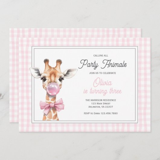 キリンパーティー動物誕生日招待状 – ピンク 招待状 (正面/裏面)