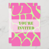 キリンプリントパターン、明るいピンクとライムグリーン 招待状 (正面/裏面)