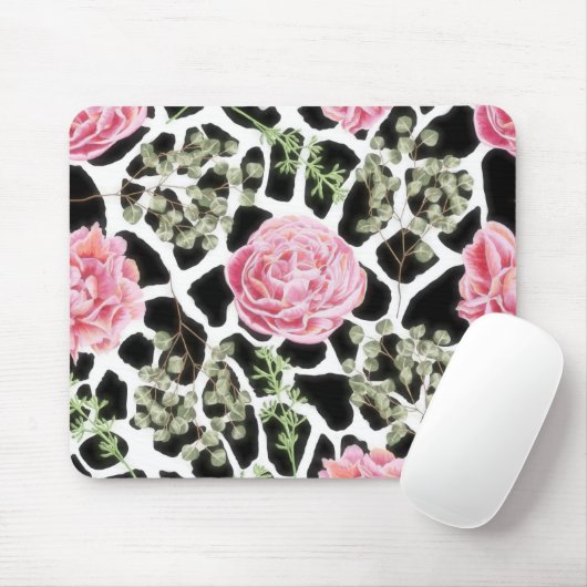 キリンプリント白黒とピンクのバラ マウスパッド (マウス)