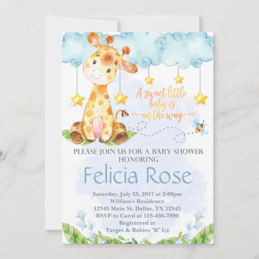 キリンベビーシャワー招待状招待状ブルーボーイ 招待状 (正面)