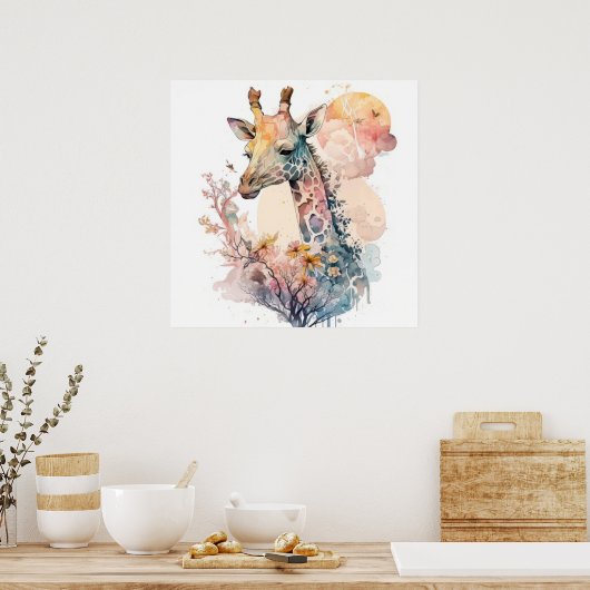 キリンポートレート動物絵を描の野生動物アウトドア ポスター (キッチン)