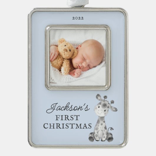 キリン初めてのクリスマス写真クリスマスクリスマス シルバープレートフレームオーナメント (正面)